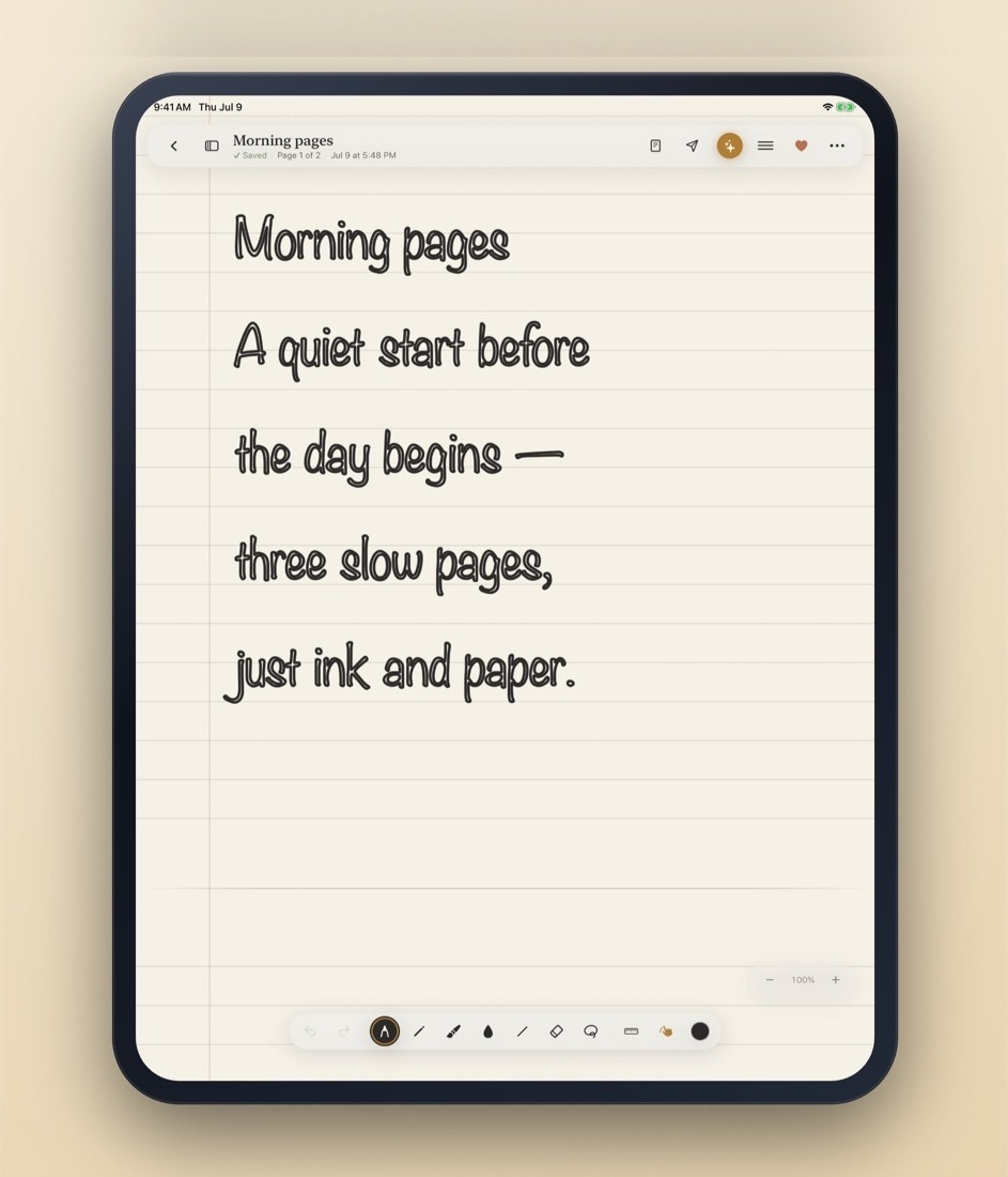 Vellum on iPad: handwritten morning pages on warm, lined paper with the floating tool palette below.