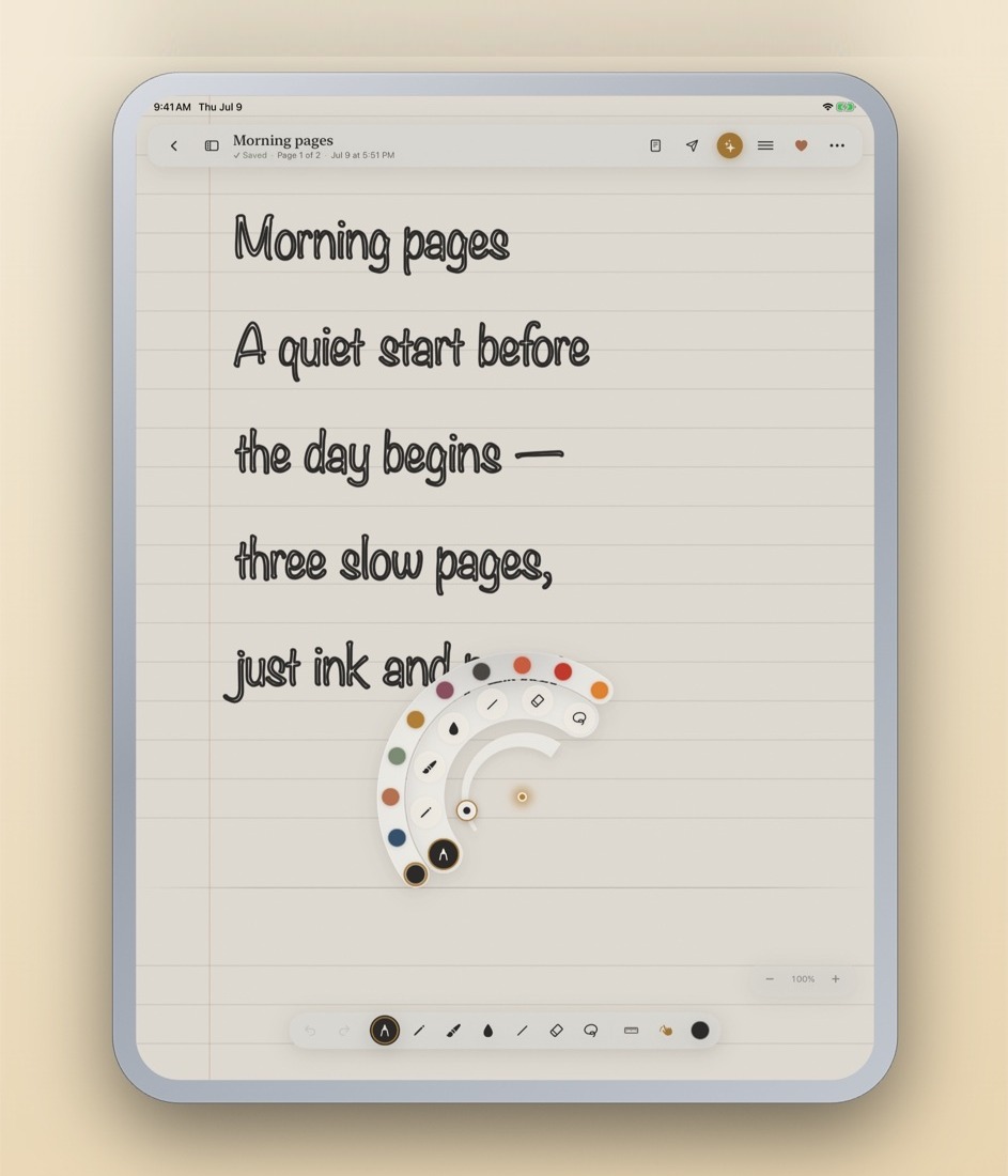 Vellum's pencil palette: concentric arcs of tools and colours fanning out from the pencil tip on a handwritten page.