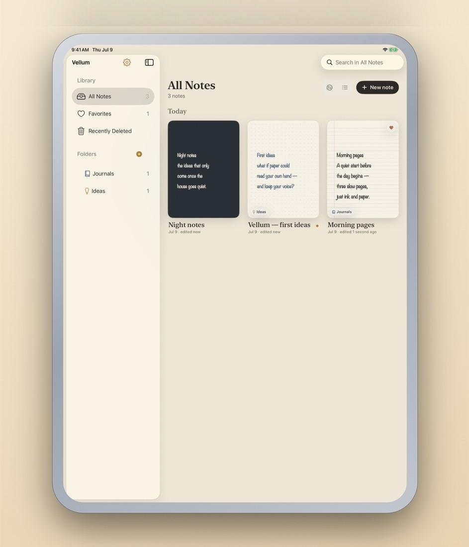 Vellum's library: All Notes with folders in the sidebar and handwritten page thumbnails.