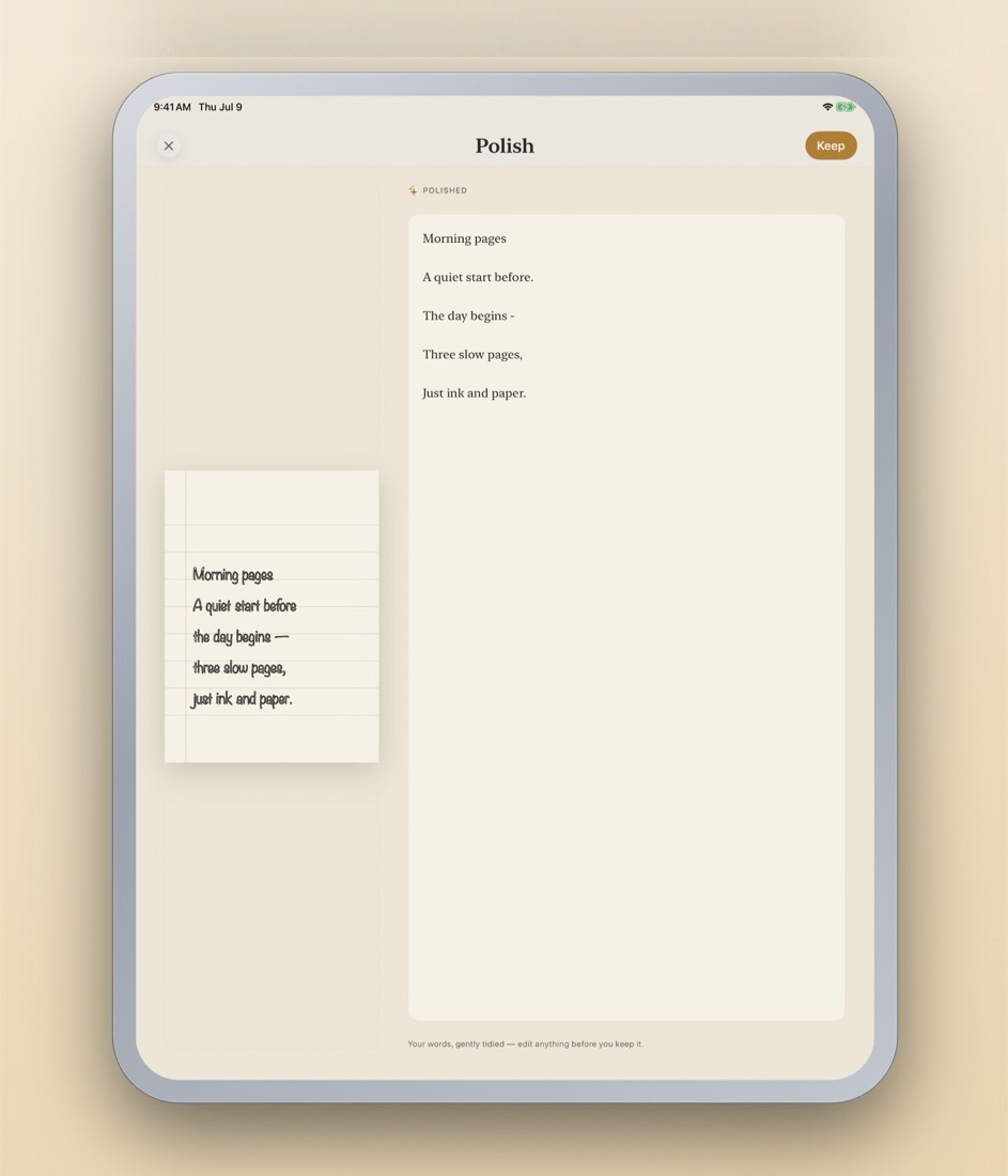 Vellum's Polish view: handwritten page on the left, tidied prose on the right, with a Keep button.