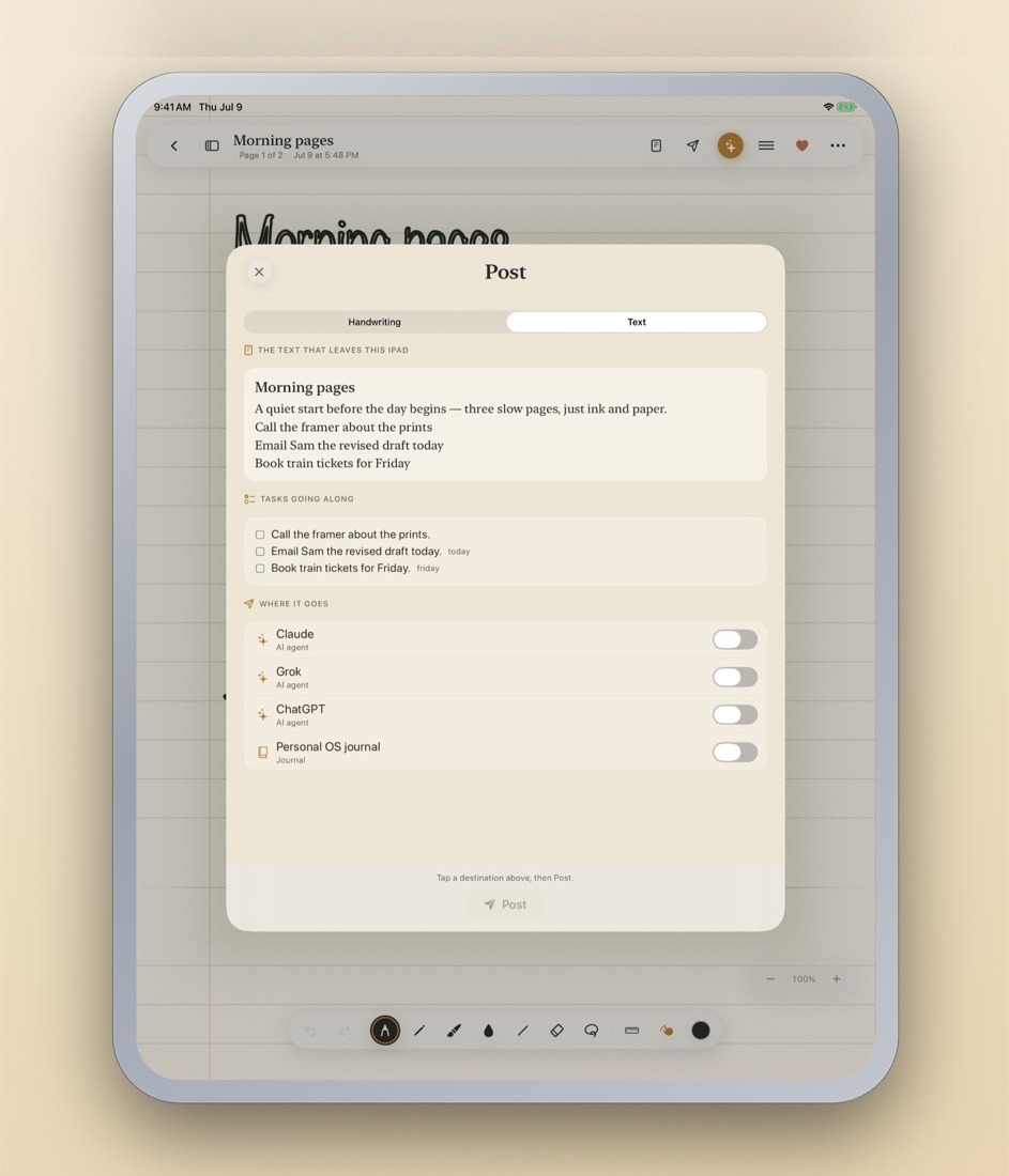 Vellum's Post sheet showing the exact text and tasks that will leave the iPad, with destination toggles.
