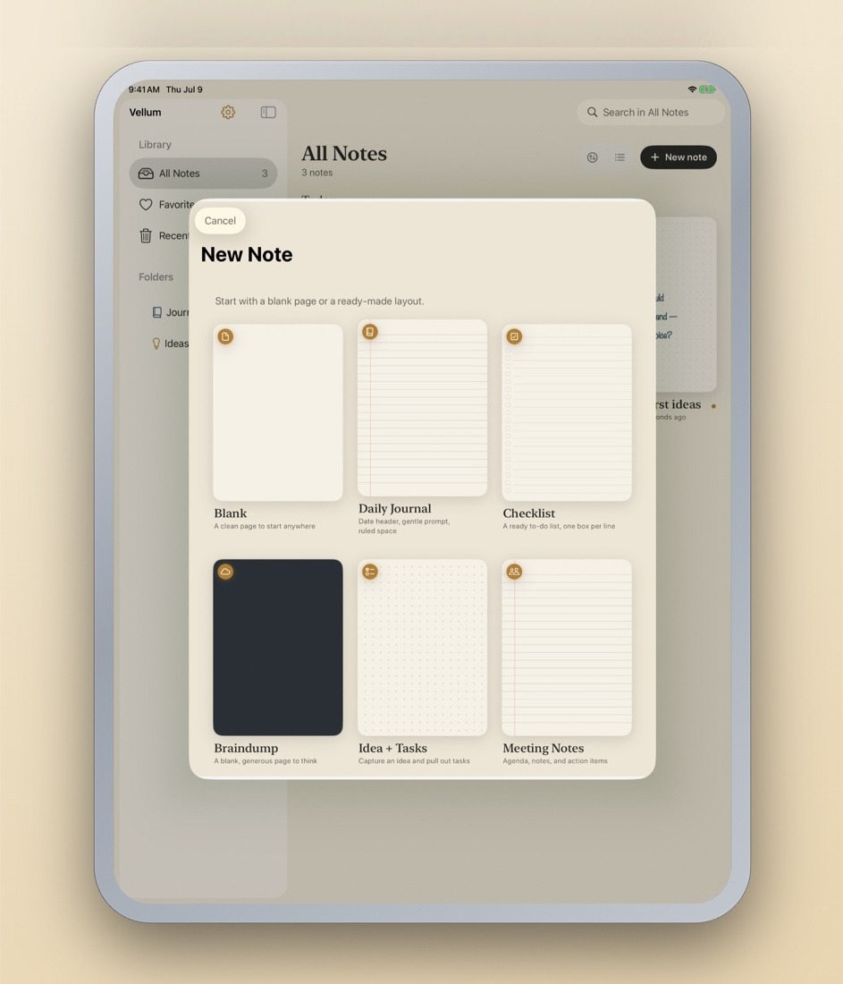 Vellum's New Note sheet: Blank, Daily Journal, Checklist, Braindump, Idea + Tasks and Meeting Notes layouts.
