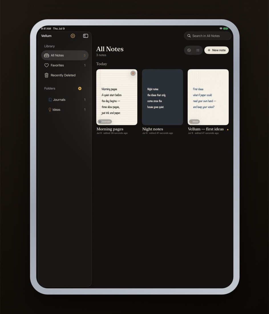 Vellum's library in night mode: dark chrome around page thumbnails that keep their own paper colours.